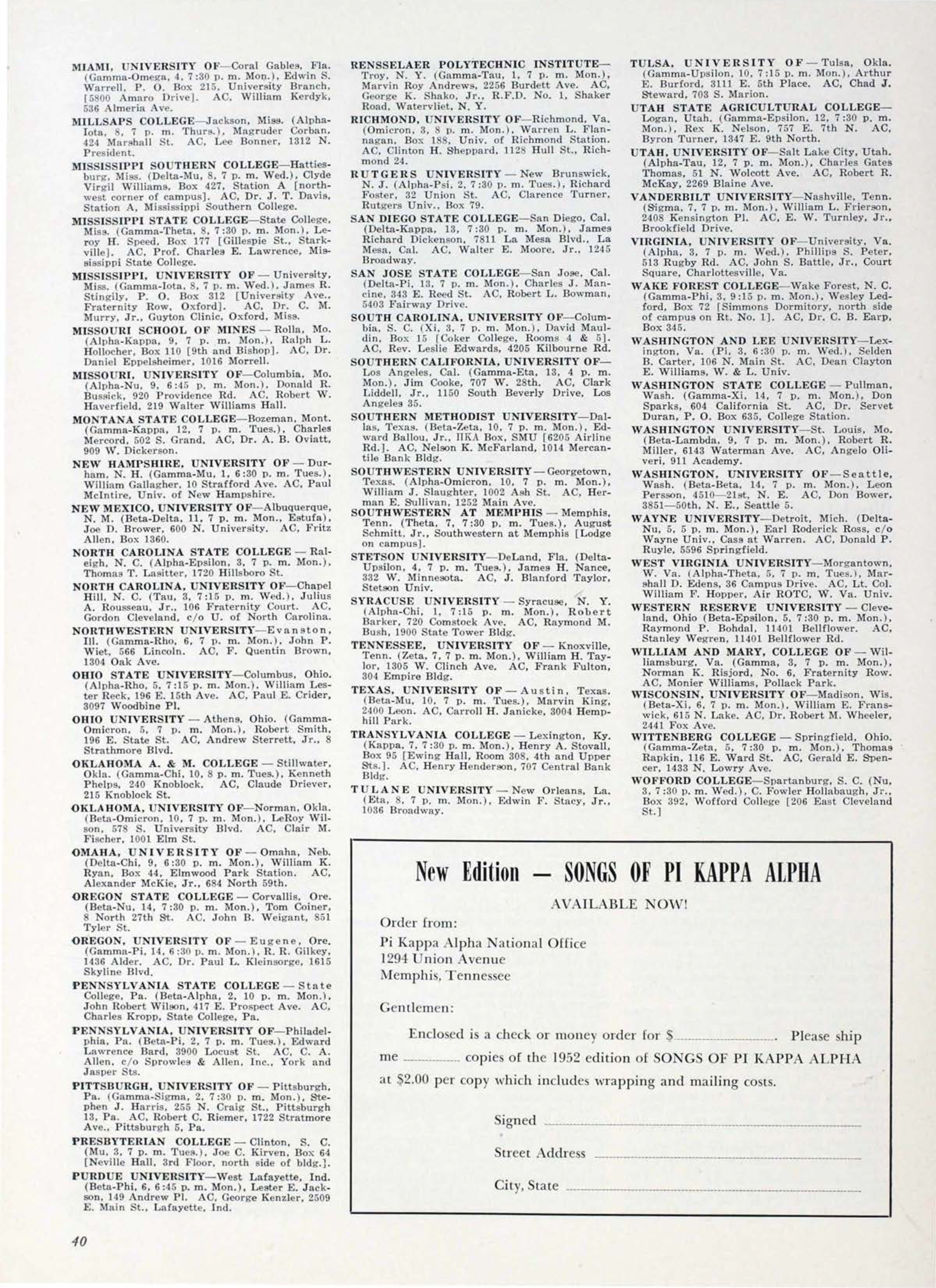 New Edition - Songs Of Pi Kappa Alpha Form, March 1953